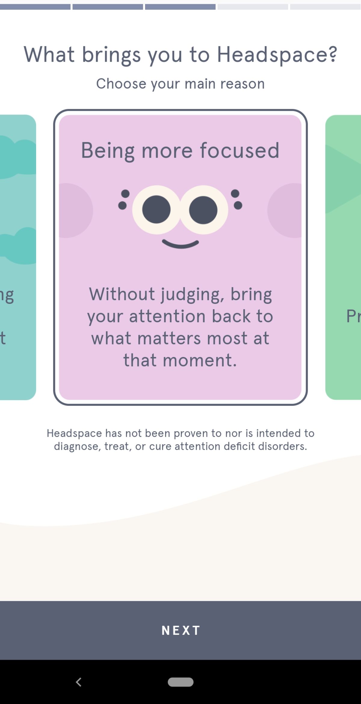 Users can pick from 4 reasons for joining. This screen shows answering "being more focused"
