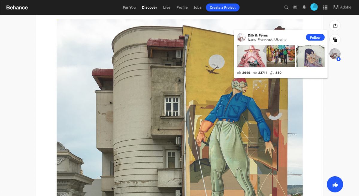 This is an example of a tooltip with a follow button CTA from Behance. It shows artwork on the screen and a tooltip that has popped up over the social profile of the artist.
