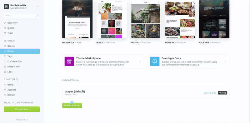 this is a gif image of ghost cms publishing platform user onboarding that shows learn by doing pre filled articles to teach new users how to user the platform, plus a hotspot ui pattern which shows a blue tooltip when a user hovers over it. this is an example of good ux with subtle animation