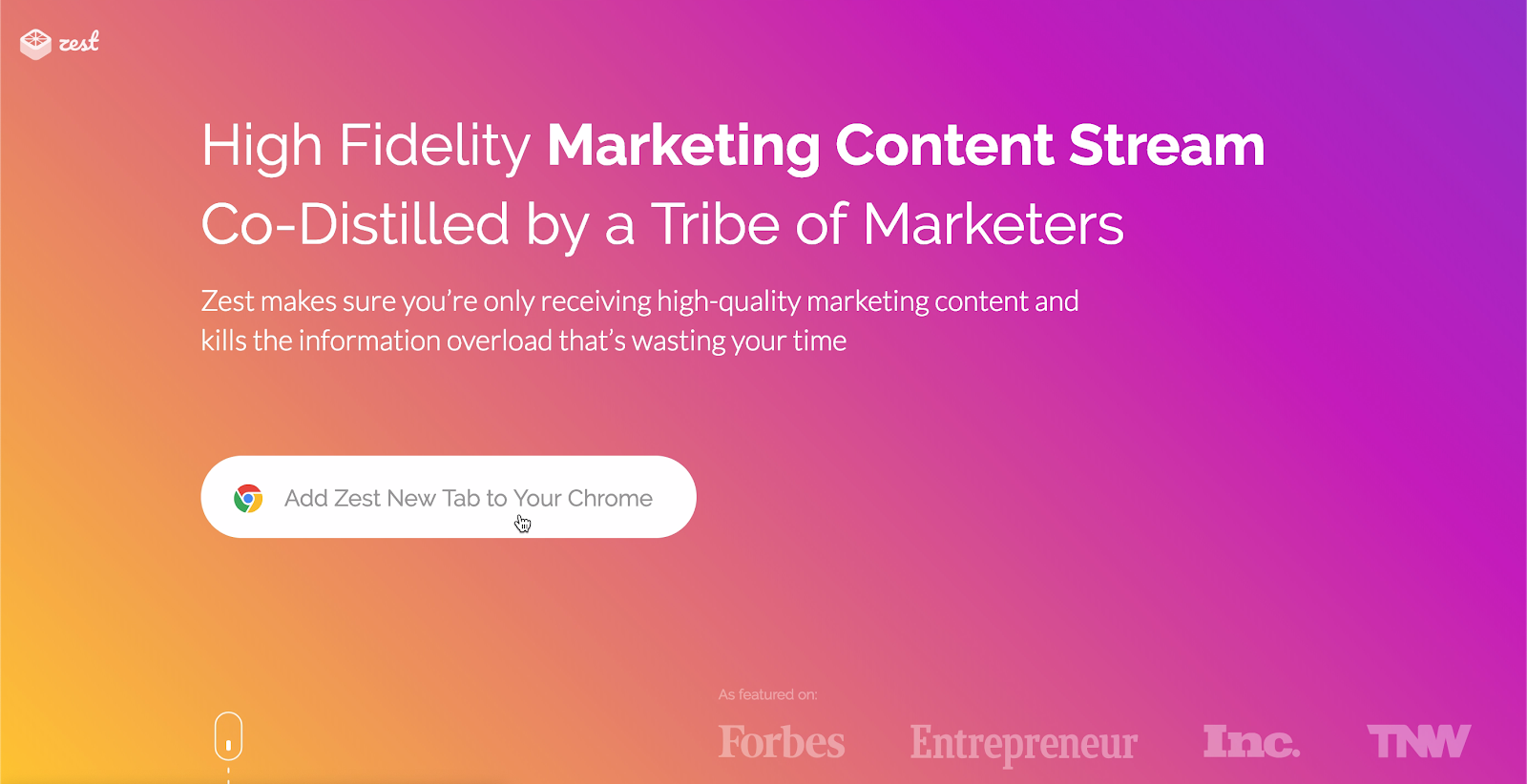 This is a screenshot image of zest marketing content stream's marketing site with a CTA that reads "add zest new tab to your chrome"