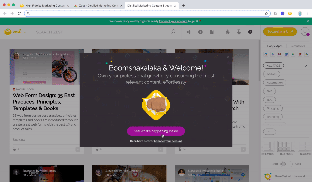 This is a gif image of zest's onboarding flow. It shows an animated welcome message modal