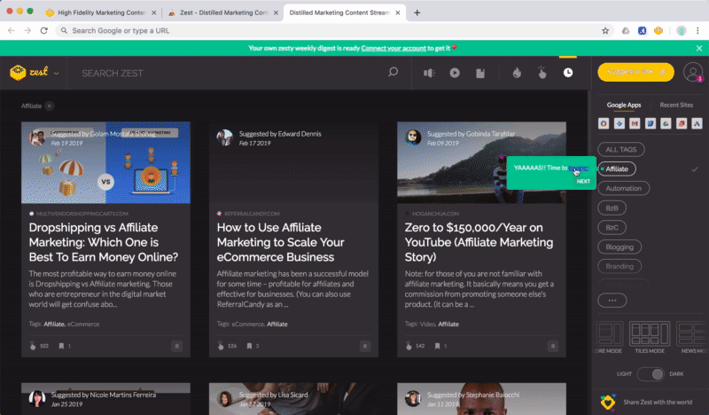this is a gif that shows a youtube link opening as part of zest.is's user onboarding flow