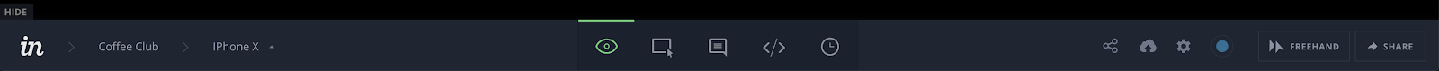 this is a screenshot image of a toolbar with colorcoded icons from invision's product tour. it shows a simple toolbar with icons that change color in their active state