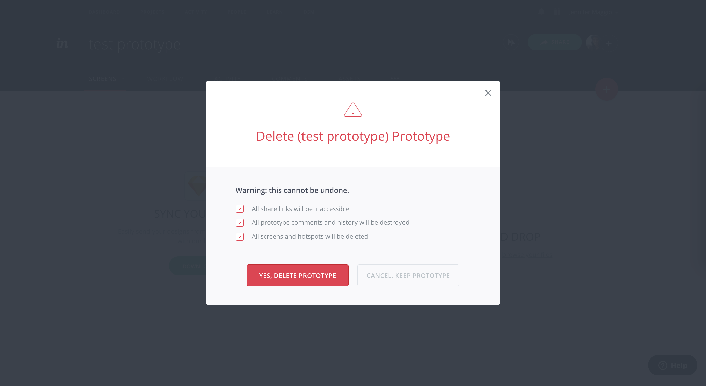 this image show's invisions's delte test prototype modal