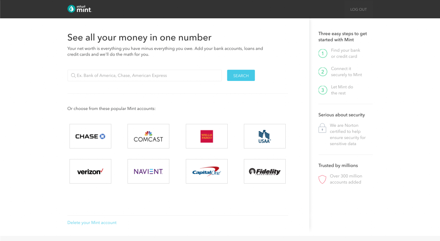 this is a screenshot image of financial service mint's user onboarding flow. this screen show's mint's bank account linking step. on the right is a panel with trust building copy and social proof