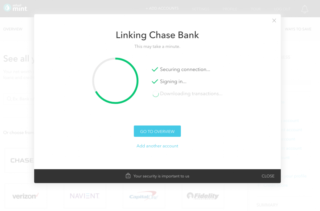 this is a screenshot image of a loading screen design from financial app mint. this screen from their web app shows a modal window that includes a loading circle and an animated checklist