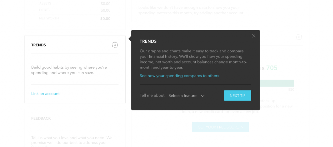 this is a screenshot image from personal finance app mint. this is an example of a tooltip used in a fintech web app. the tooltip includes a header, ux copy, links, and a CTA button