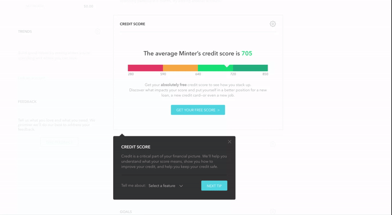 this is a gif image of a tooltip animation from financial service Mint. after clicking on a tooltip the page scrolls to the next tooltip. this is a good example of a tooltip UI animation as part of a product tour