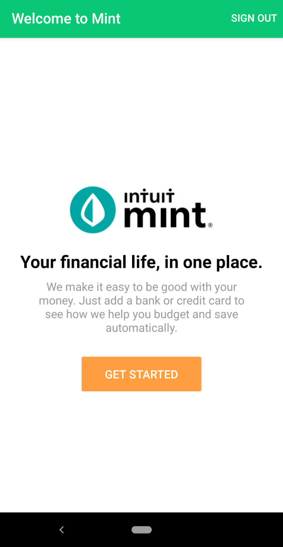 this is a screen capture of mint by intuit's mobile app welcome signup screen