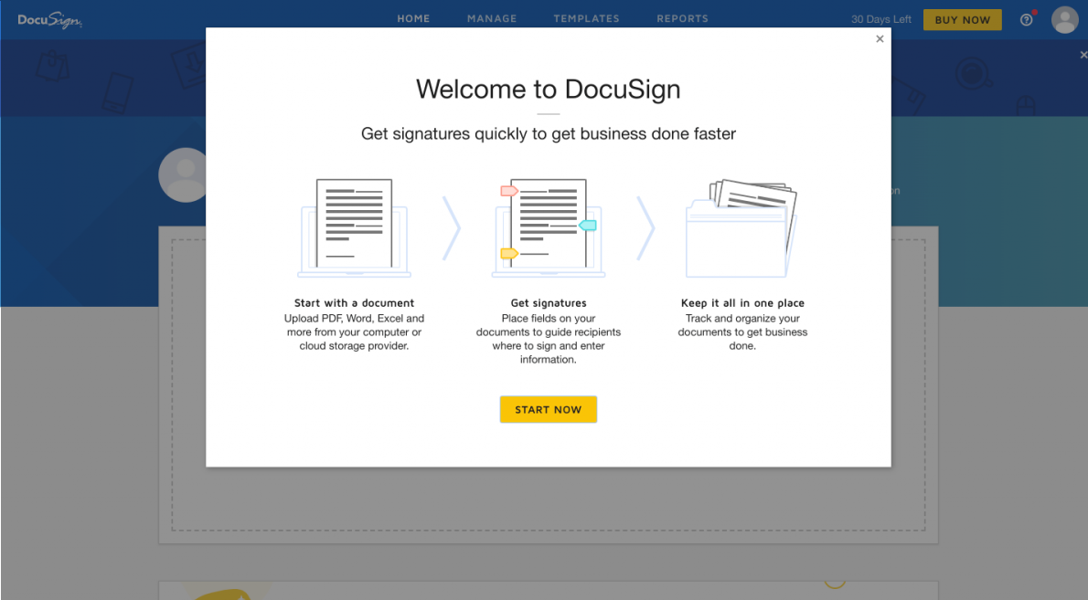 this is a screenshot image of a welcome modal dialog window from docusign's onboarding flow. the modal says "welcome to docusign" and includes 3 icons with ux copy and a yellow start button