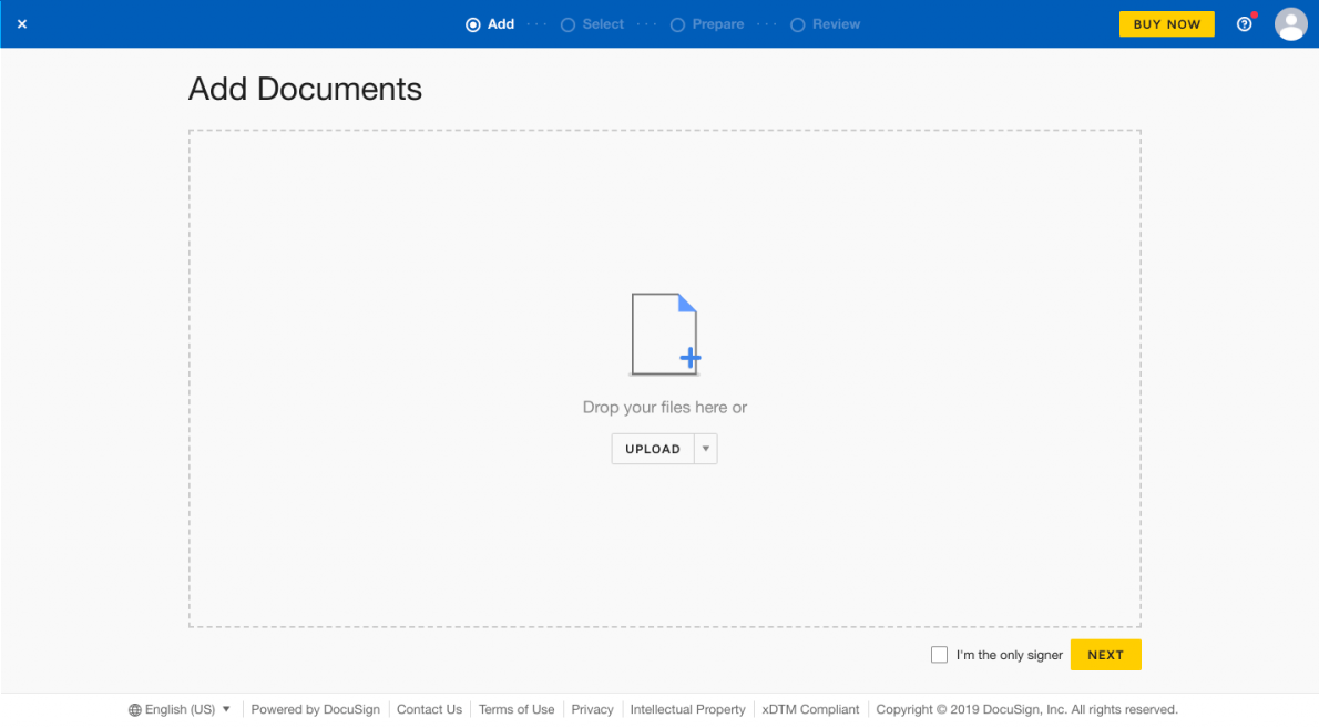 this is a screenshot image of docusign's onboarding walkthrough showing an empty state drag and drop field for adding new documents