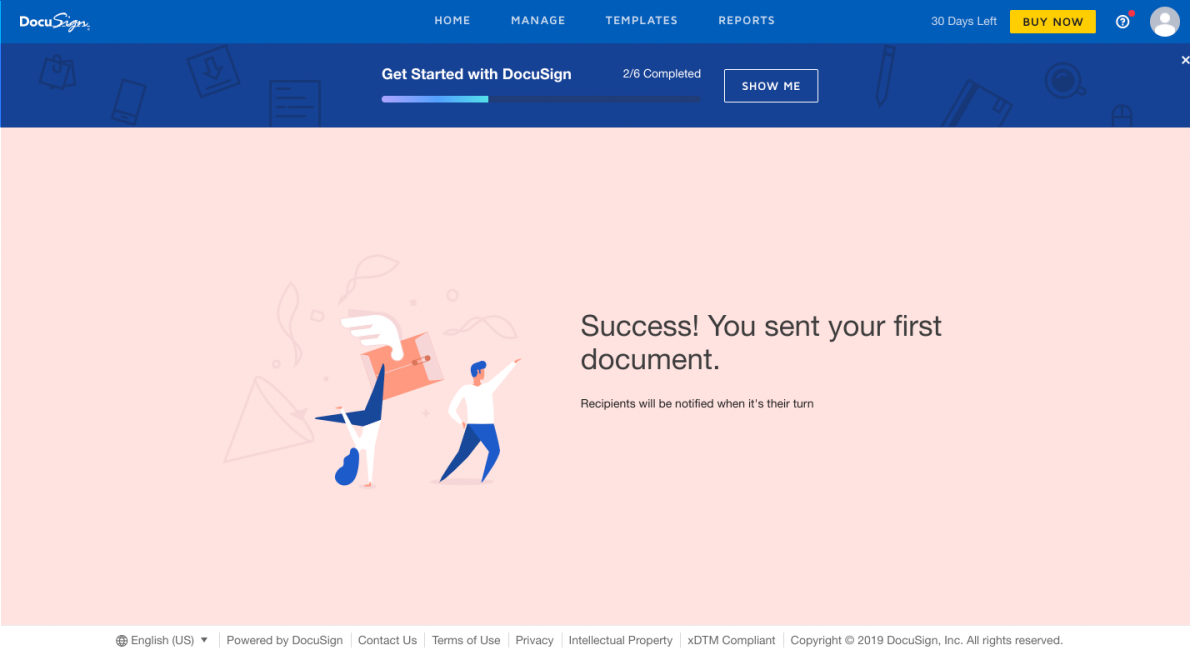 this is an image of docusign's onboarding process. this is a success message that says "success! you sent your first document".