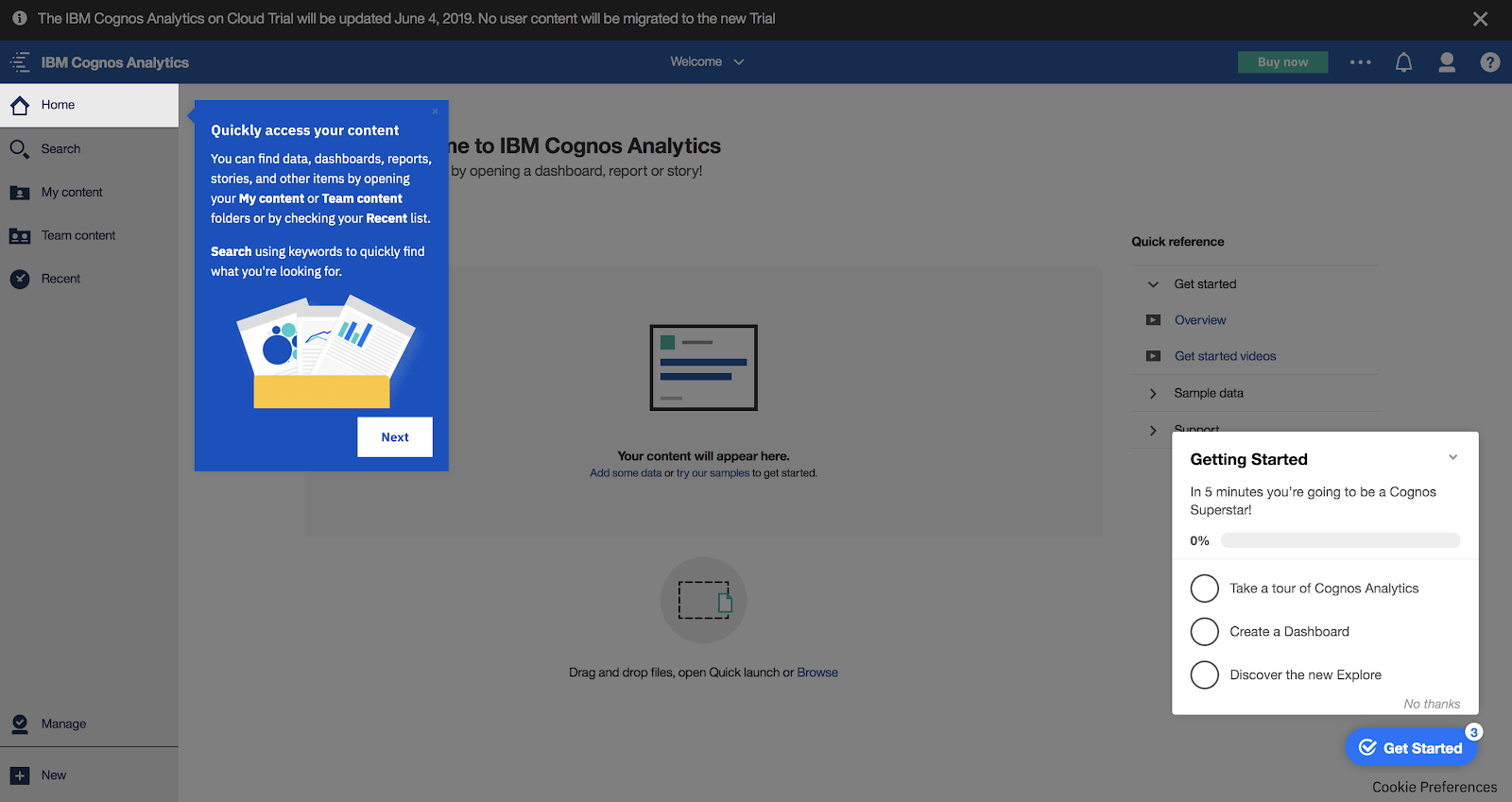 This is a screenshot image of IBM Cognos Analytics tool's user onboarding experience. This is a great example of conumer grade enterprise UX. This image shows an IBM tooltip example along with an onboarding checklist example