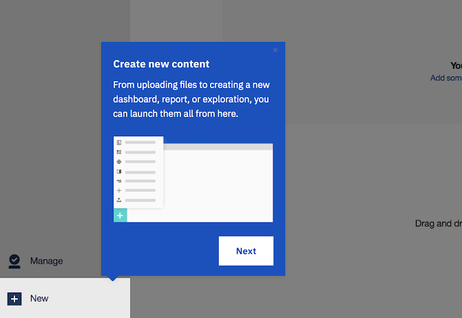 This is a screenshot image of IBM Cognos Analytics tool's user onboarding experience. This is a great example of conumer grade enterprise UX. This image shows an IBM tooltip example