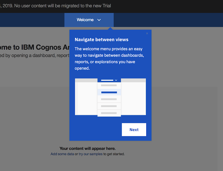 This is a screenshot image of IBM Cognos Analytics tool's user onboarding experience. This is a great example of conumer grade enterprise UX. This image shows an IBM tooltip example