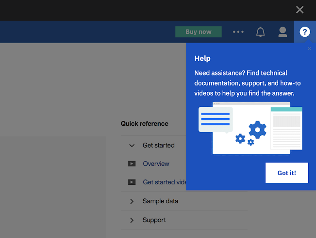 This is a screenshot image of IBM Cognos Analytics tool's user onboarding experience. This is a great example of conumer grade enterprise UX. This image shows an IBM tooltip example