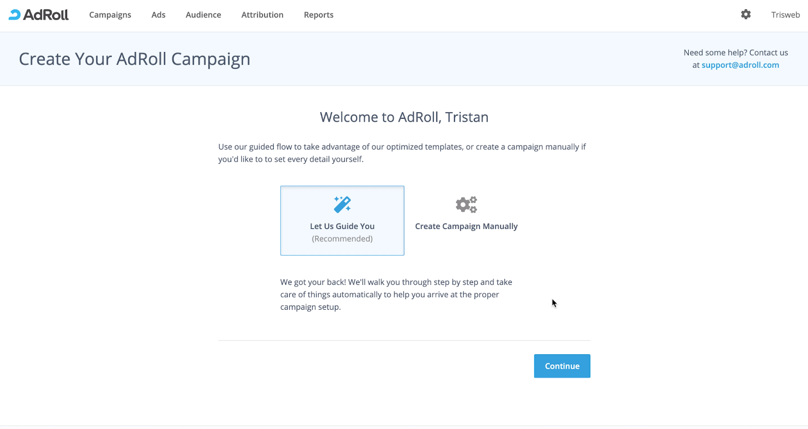 this is a screenshot image of adroll's new user onboarding experience that shows a fullscreen welcome page with multiple onboarding flow options for beginner or experienced users