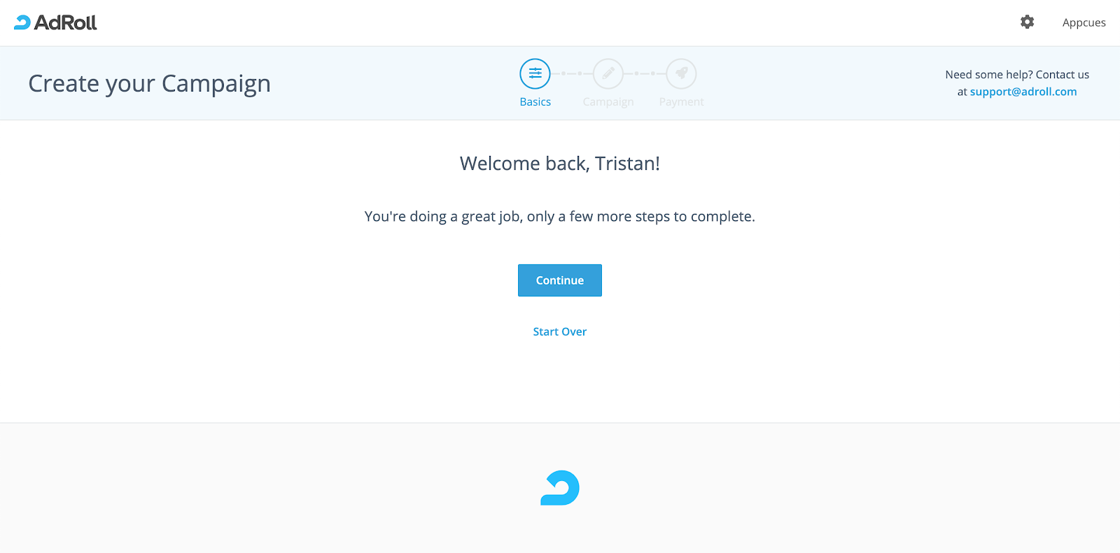 this is a screenshot image of adroll's user onboarding for returning users that says: welcome back!