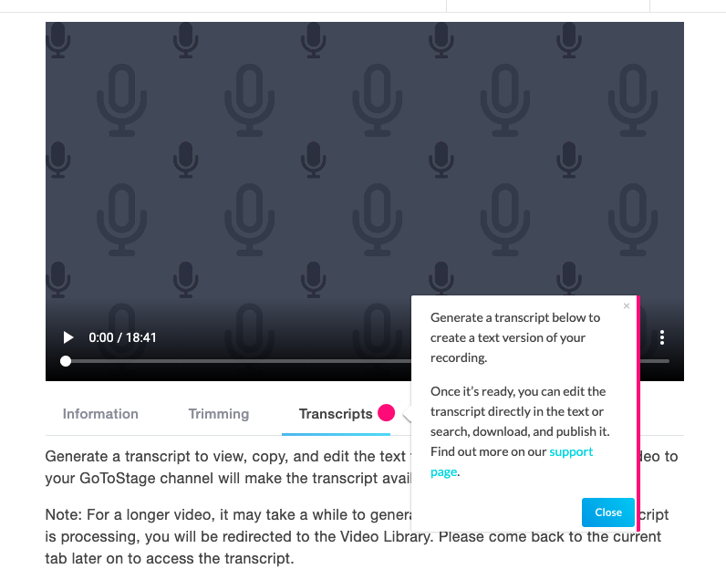 this is a screenshot example of a feature announcement tooltip made with appcues. this is a real example of an appcues flow in gotowebinar introducing their transcribe feature