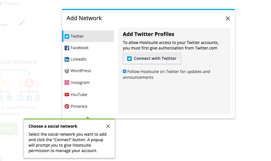 this is a screenshot image of the add network page in hootsuite that shows a tooltip with permission priming