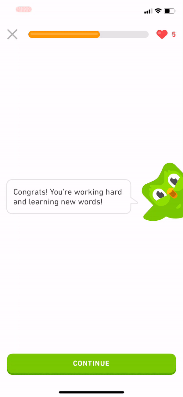 this gif image shows duolingo's animated mascot waving and encouraging users to continue learning