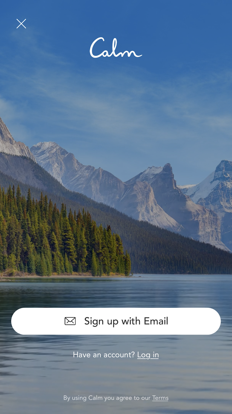 mobile screenshot from mindfulness app Calm. this is the signup screen—there is a CTA button to sign up with email