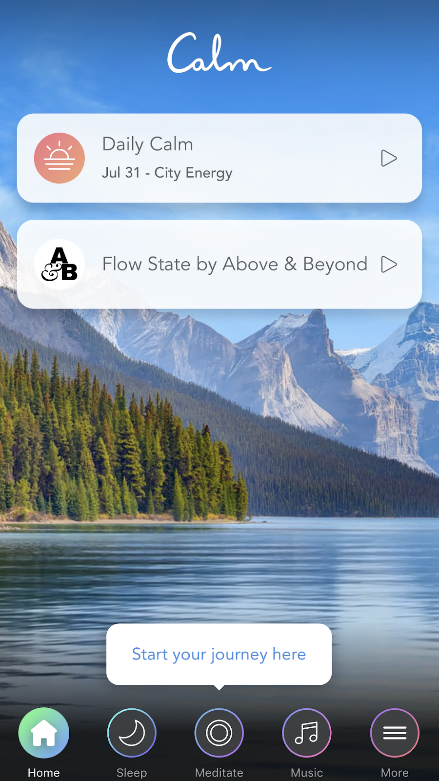 mobile screenshot from mindfulness app Calm. this is the calm app dashboard with a mobile tooltip for new user onboarding