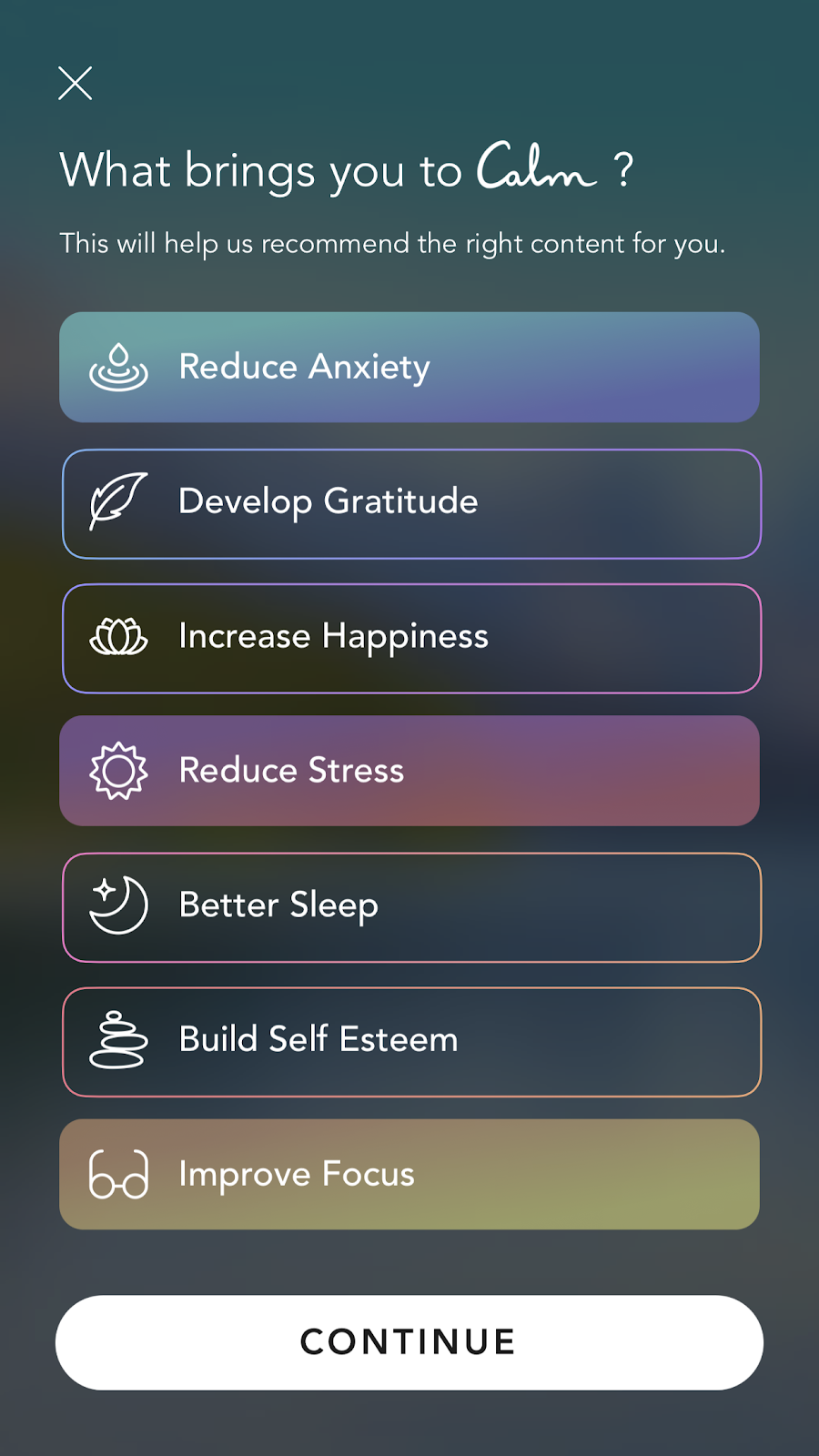 mobile screenshot from mindfulness app Calm. this screen shows new user onboarding personalization questions and declared user data