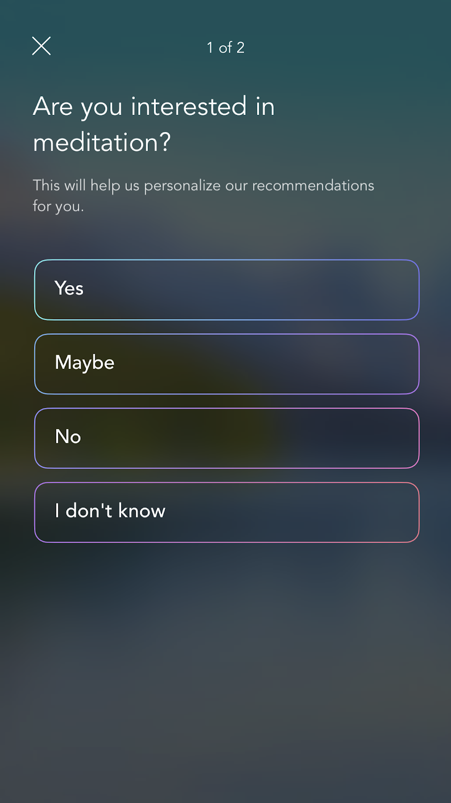 mobile screenshot from mindfulness app Calm. this screen shows further personalization questions