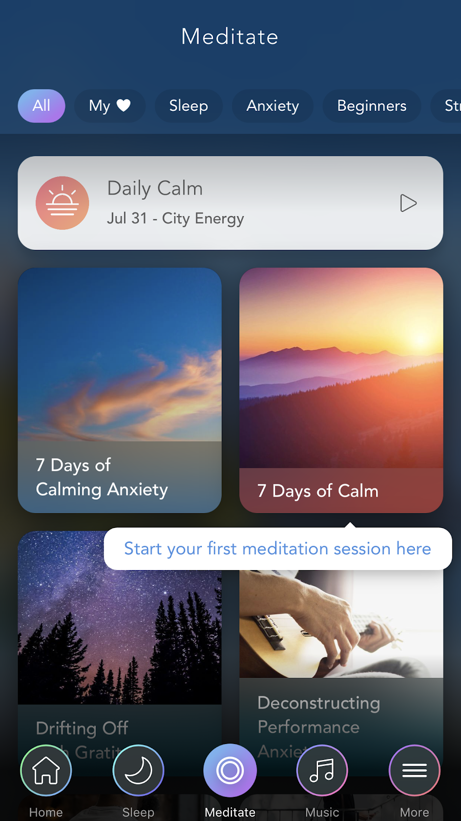mobile screenshot from mindfulness app Calm. this is the calm app meditate dashboard with a mobile tooltip for new user onboarding