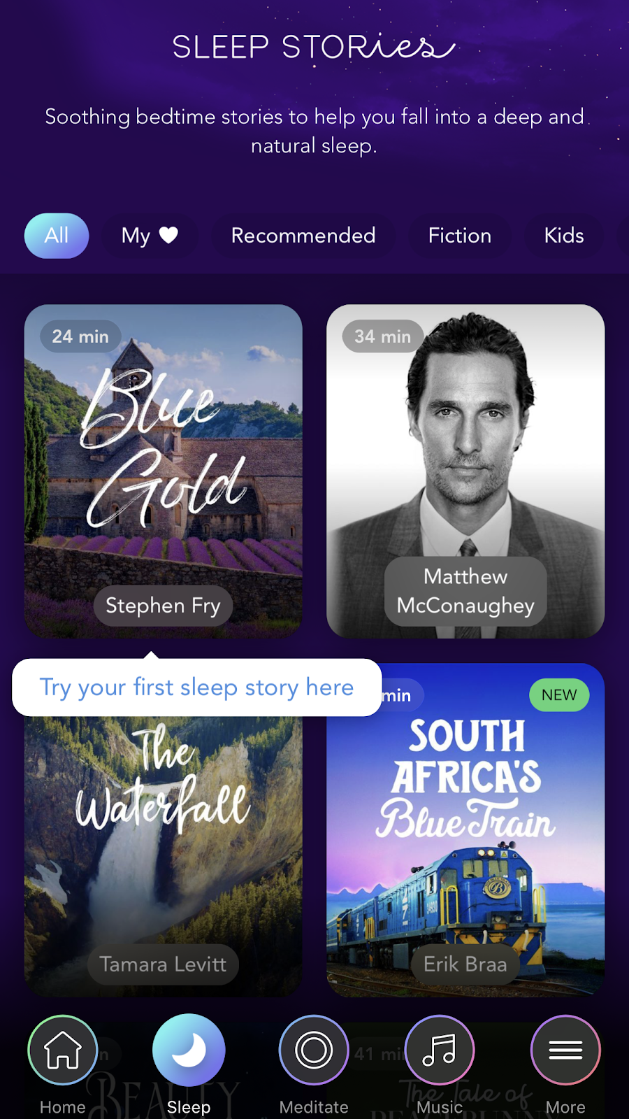 mobile screenshot from mindfulness app Calm. this is the calm app sleep stories dashboard with a mobile tooltip for new user onboarding