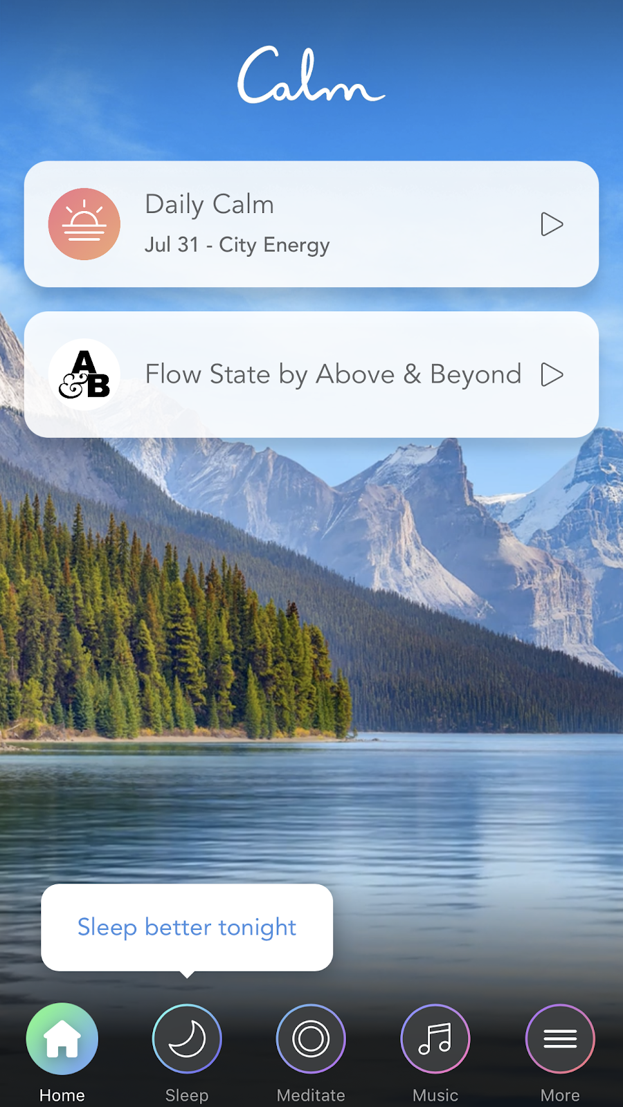 mobile screenshot from mindfulness app Calm. this is the calm app dashboard with a mobile tooltip for new user onboarding