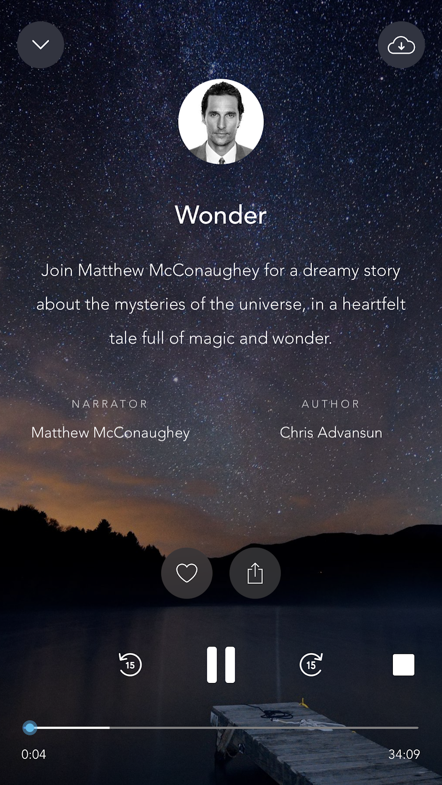 mobile screenshot from mindfulness app Calm with an audio story read by matthew mcconaughey