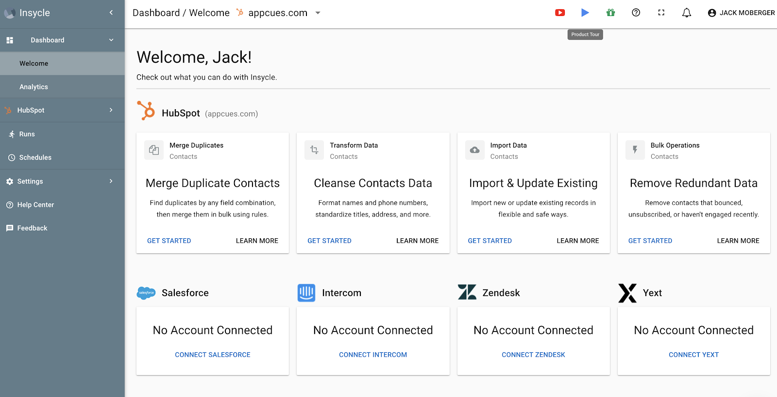 screenshot of data management dashboard free trial with hubspotdata and feature options