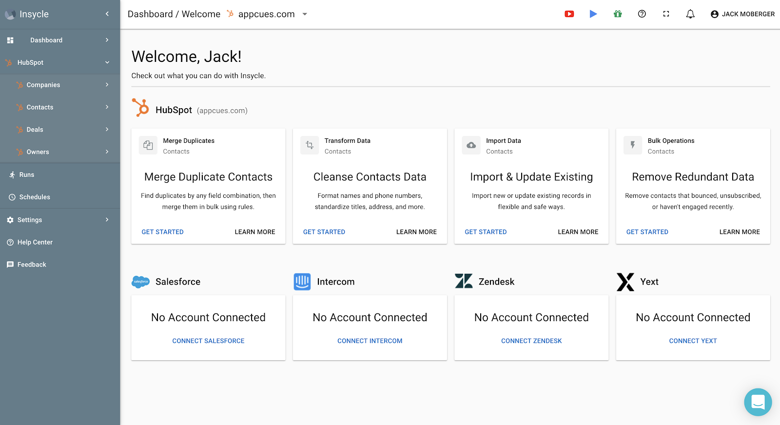 screenshot of data management dashboard free trial with hubspotdata and feature options