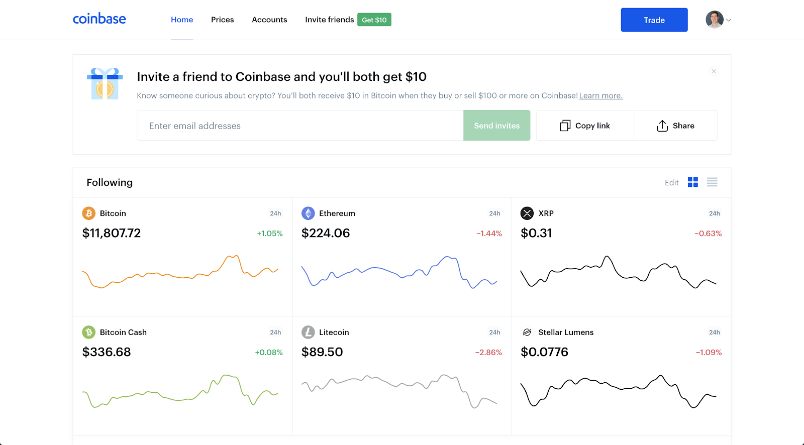 coinbase dashboard invite a friend reward prompt and referral rewards program
