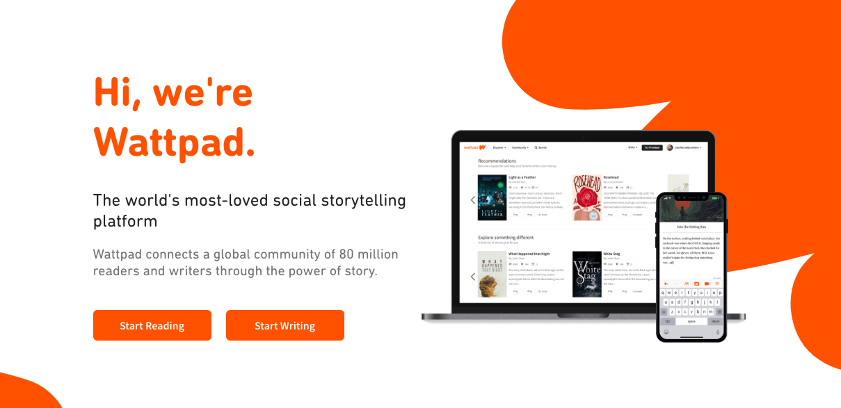 wattpad marketing website screenshot that says: hi, we're wattpad. the world's most-loved social storytelling platform