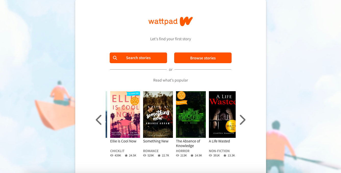end of user onboarding flow from wattpad asking users to browse or search stories