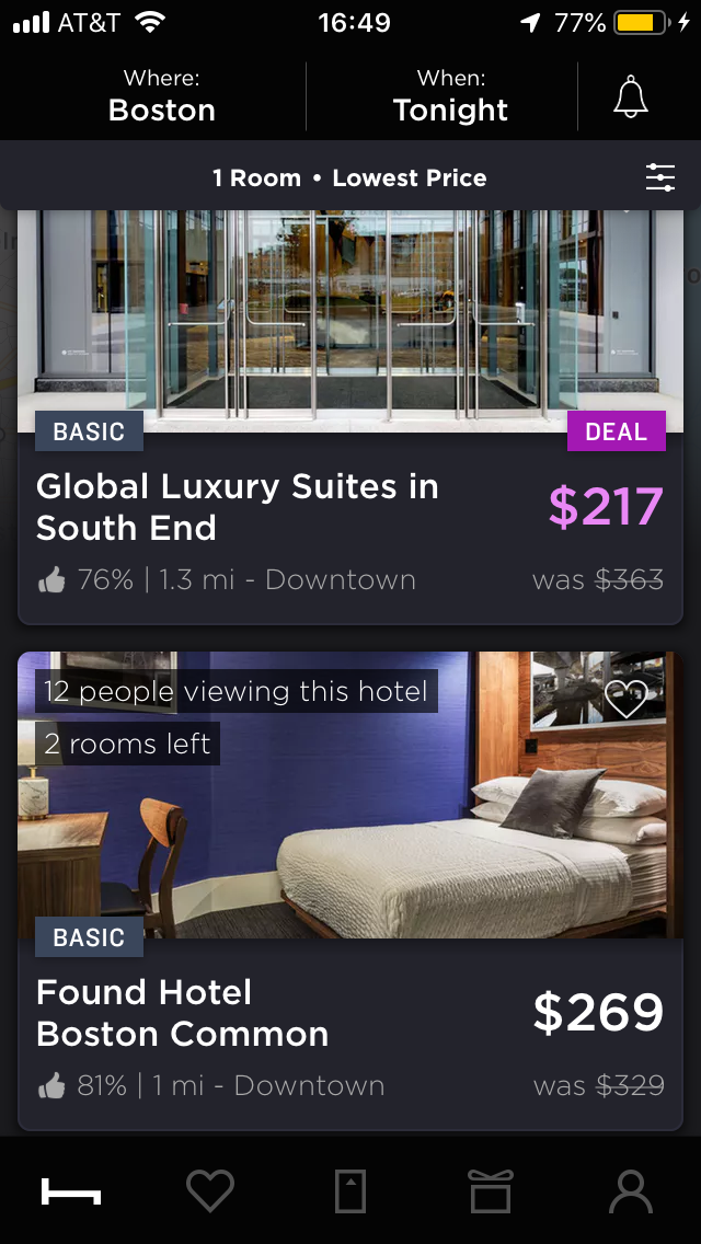 hoteltonight mobile app hotel search price results with filters applied