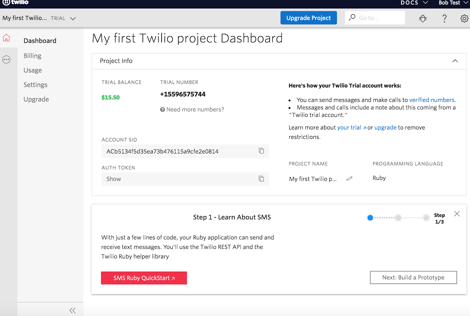 twilio first project dashboard with sms task setup quickstart guide