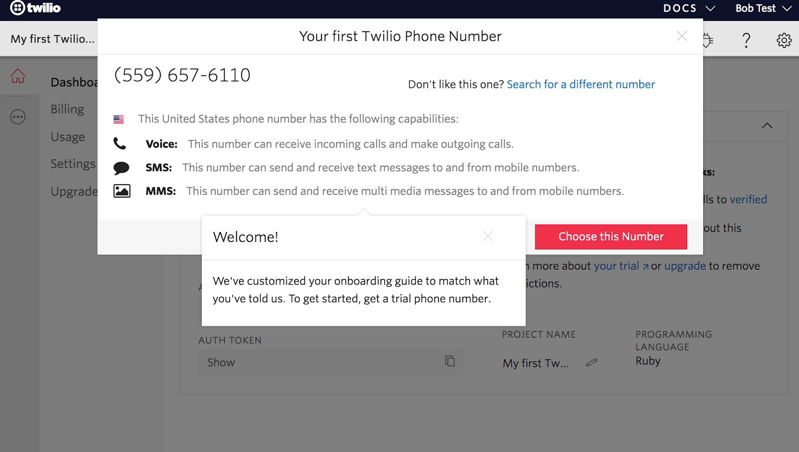 modal window to set up first twilio phone number