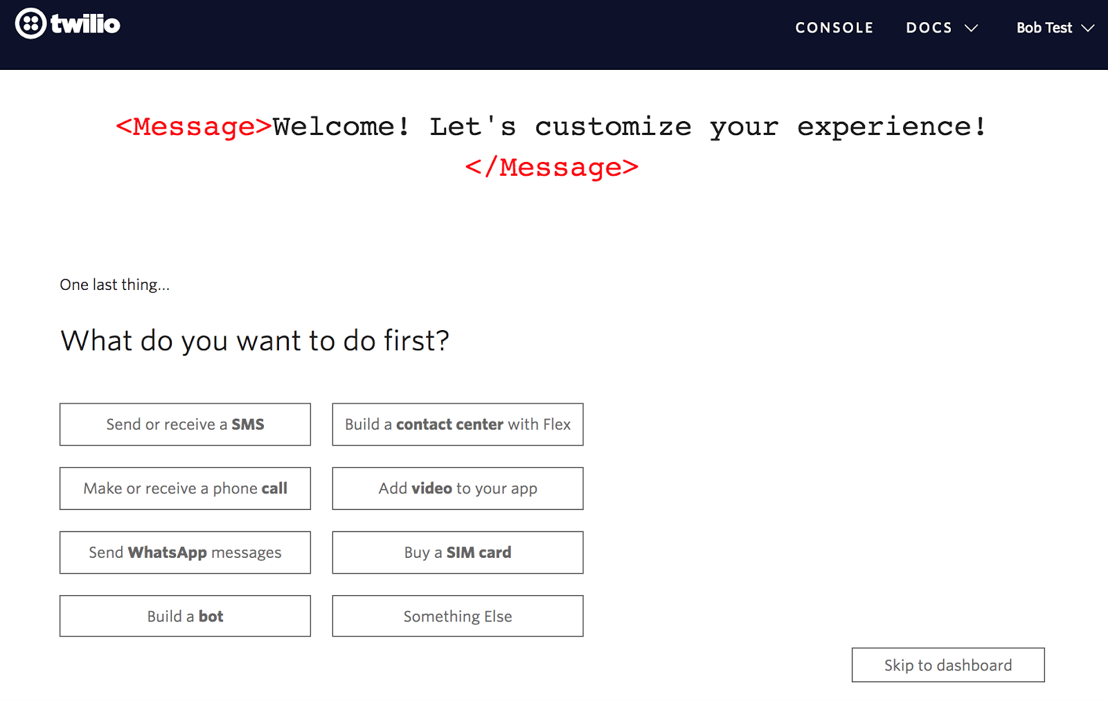 twilio user onboarding set user goals choose the first task
