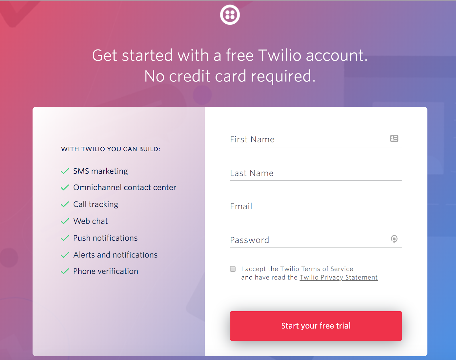 twilio signup page with account creation form that includes great marketing copy example
