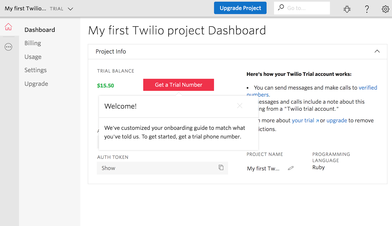twilio first project dashboard new user experience with tooltip
