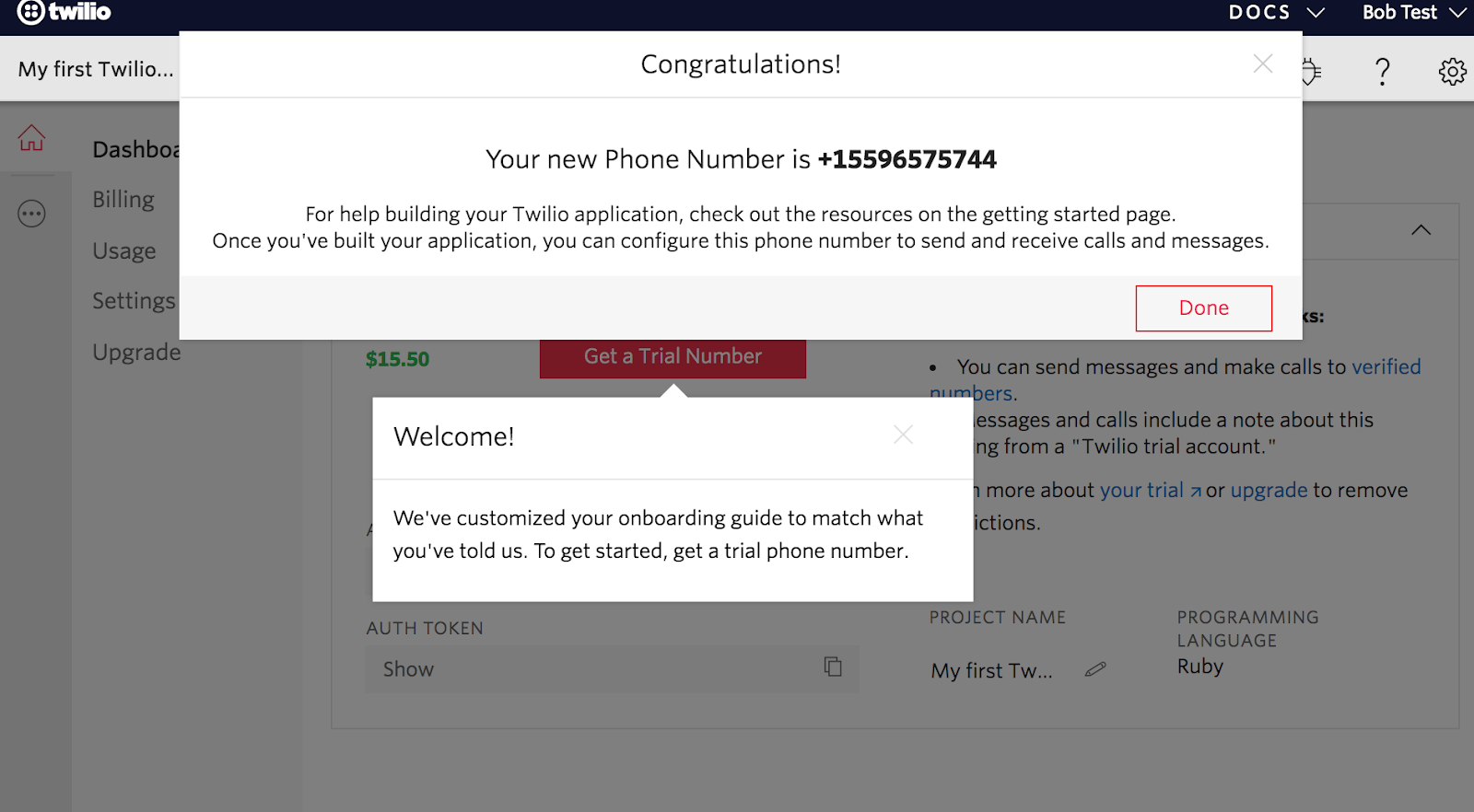 twilio modal window congratulations message