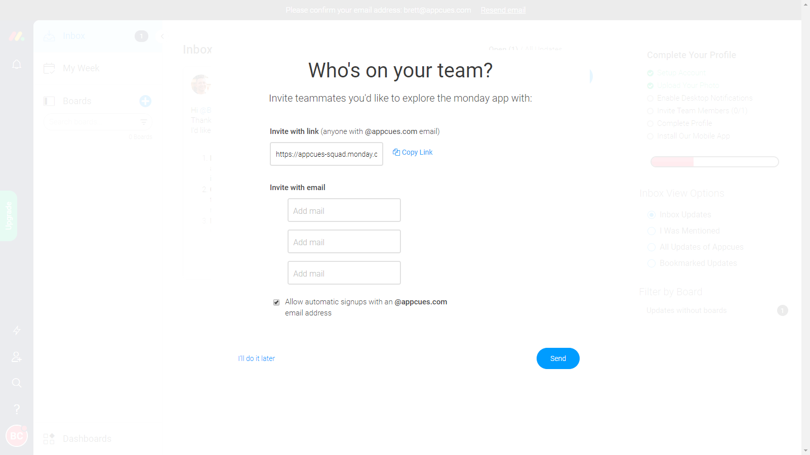 user invite prompt modal window example with easy options for inviting teammates