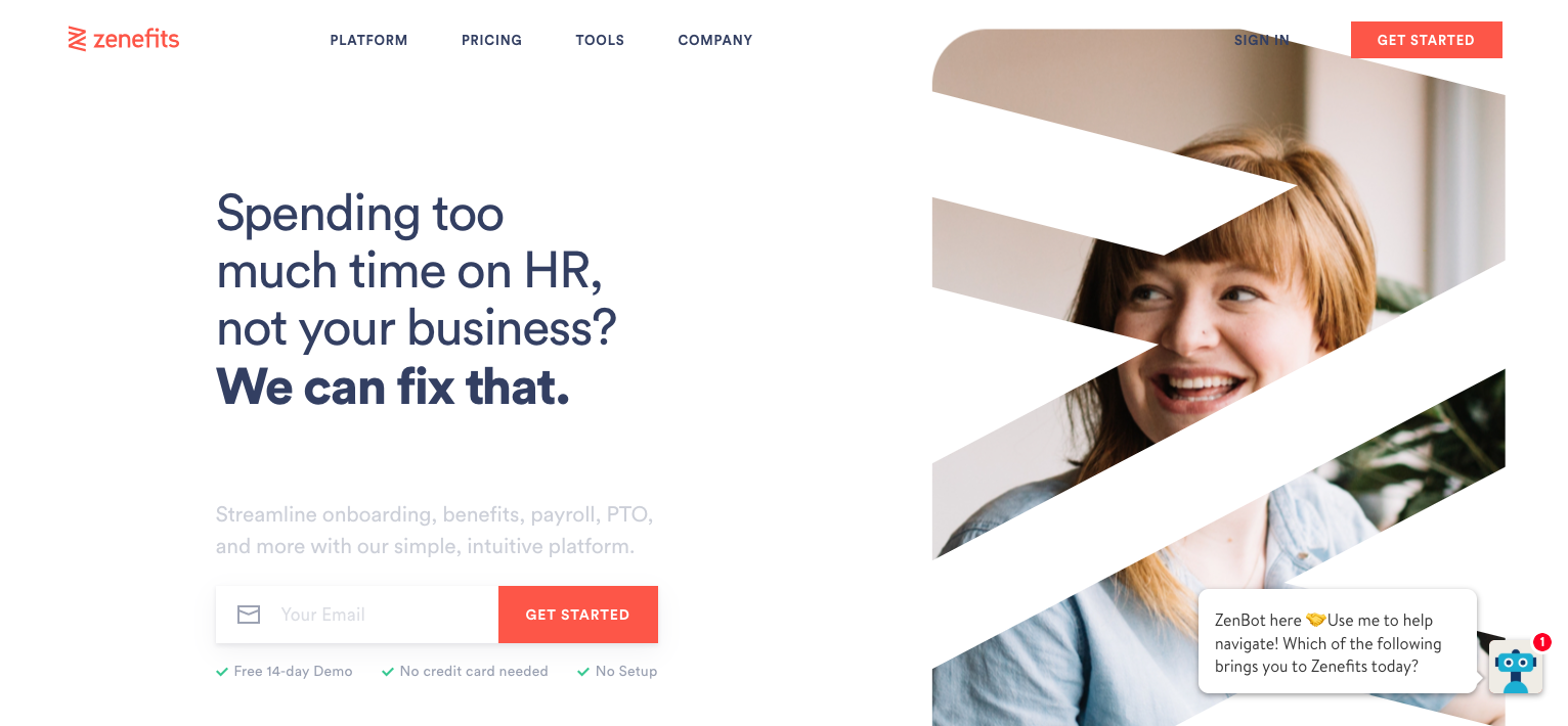 zenefits home page signup call to action
