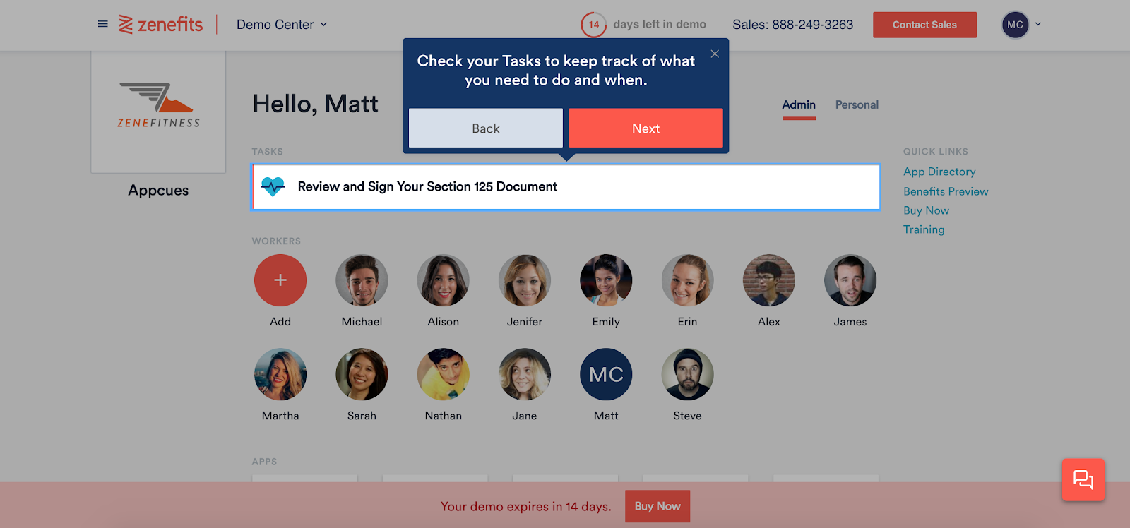 product demo onboarding walkthrough tooltip with back and next buttons 5