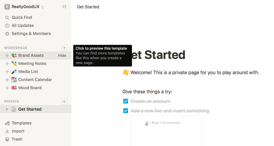 notion hover tooltip that says click to preview this template"