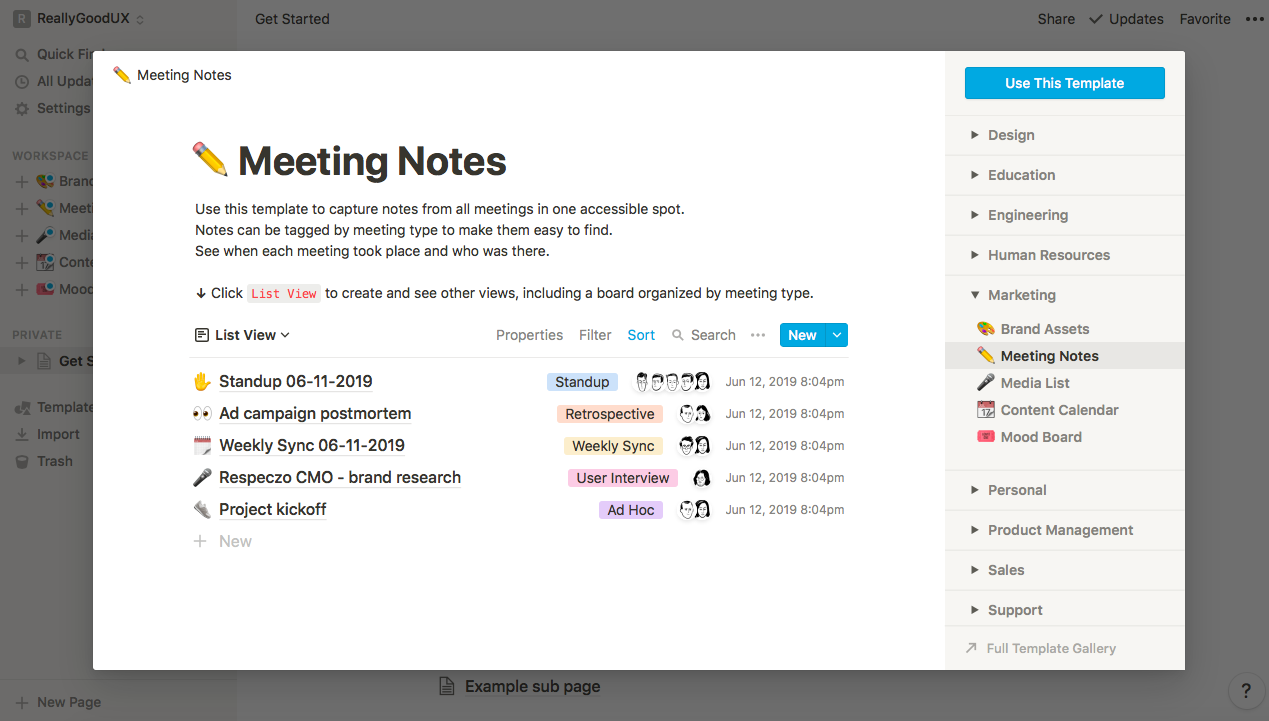 notion meeting notes use case template large modal preview window